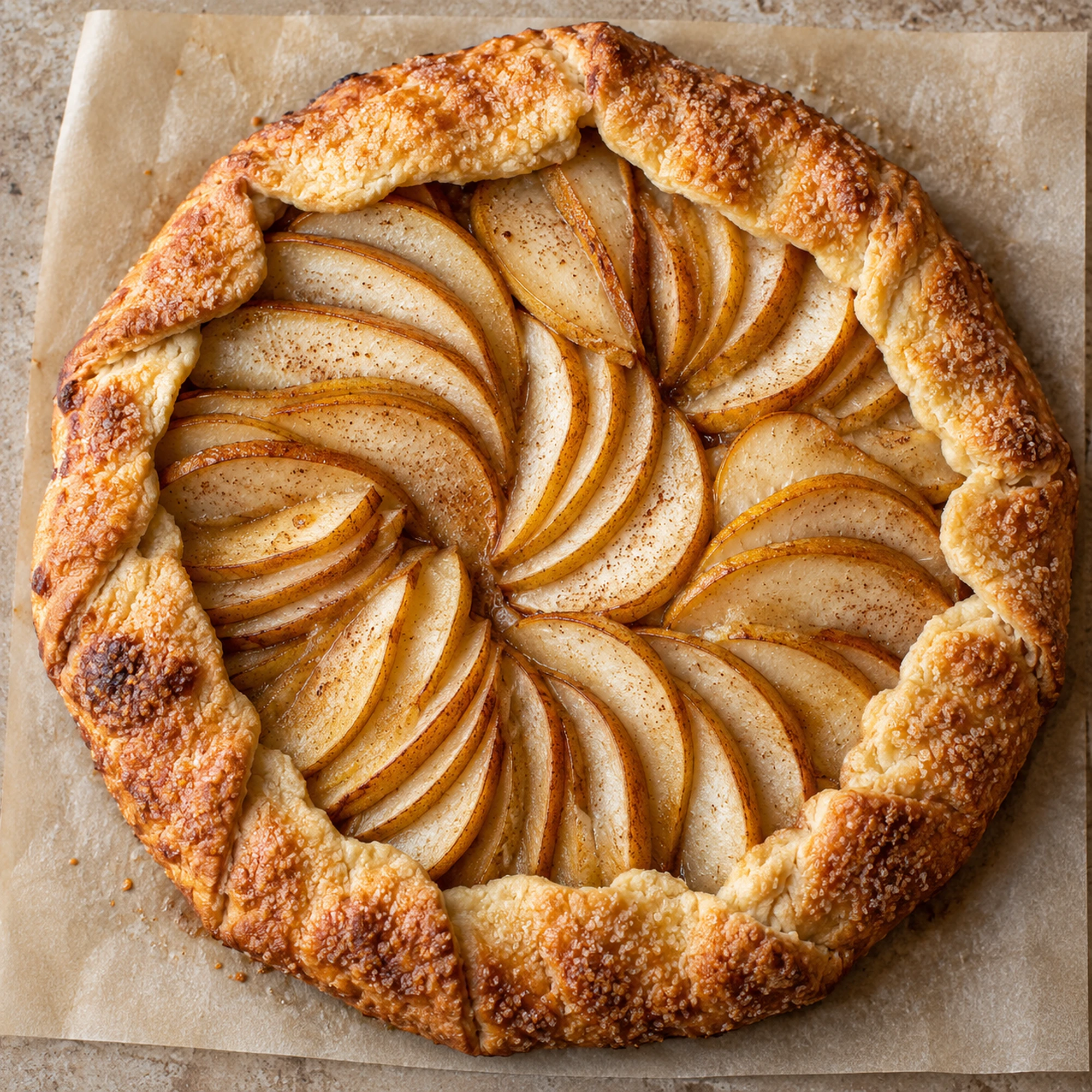 Pear galette viewed from above with overlapping pear slices
