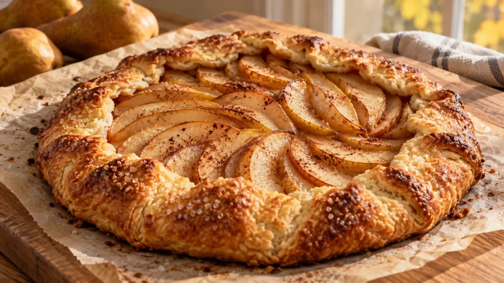 Pear galette with golden folded crust and thin pear slices
