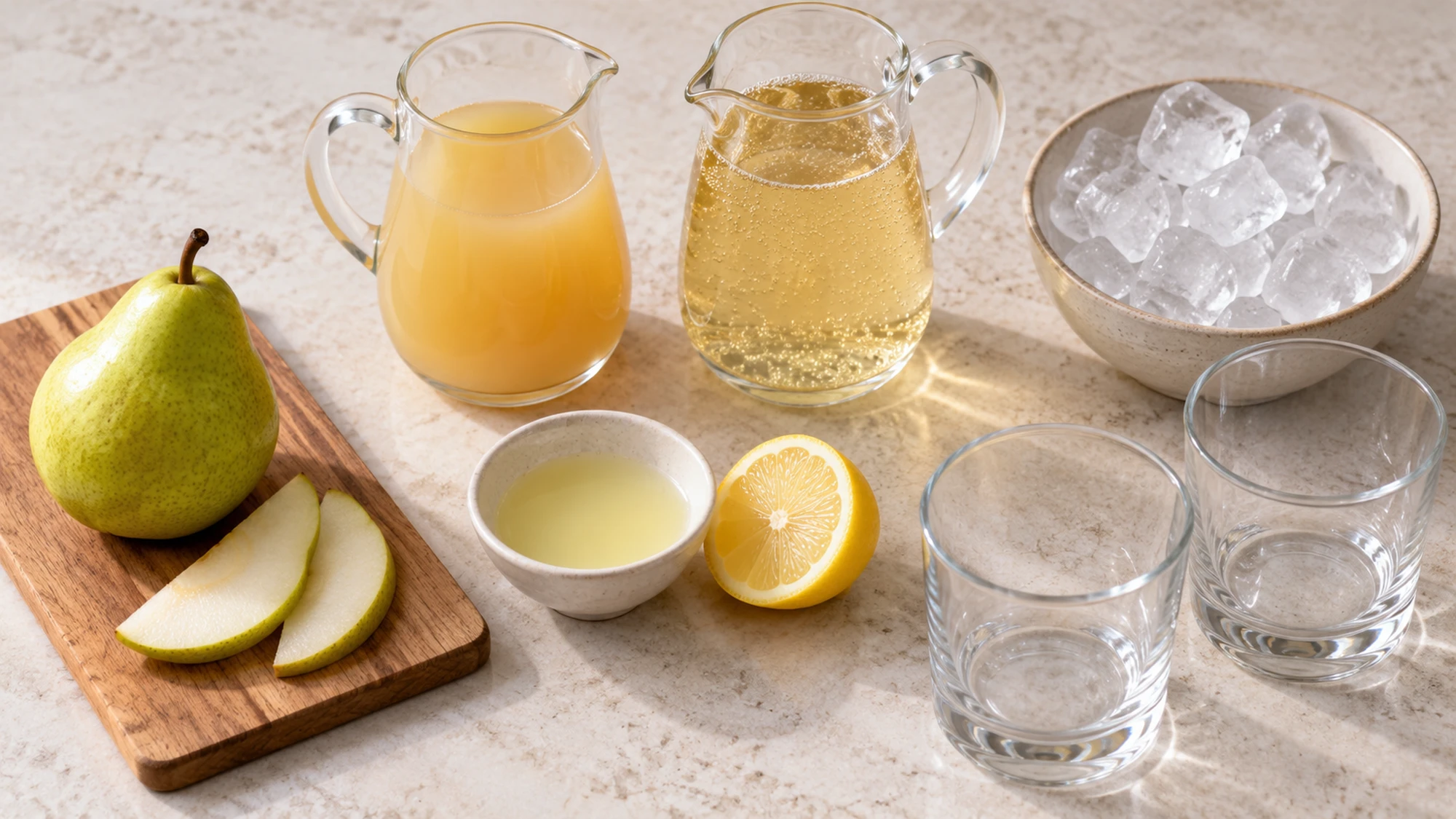Pear ginger mocktail ingredients with nectar, ginger ale, lemon, and pear