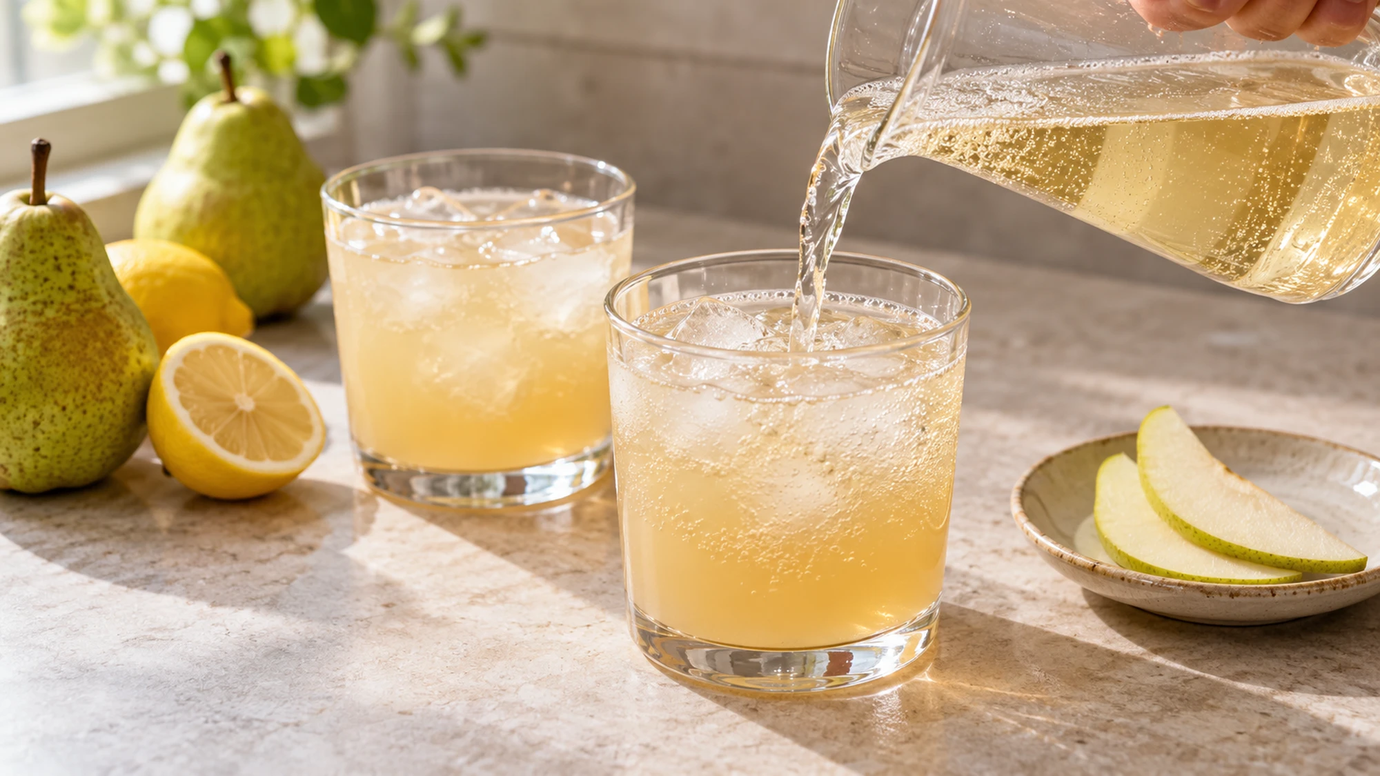 Pear ginger mocktail gaining bubbles as ginger ale is added