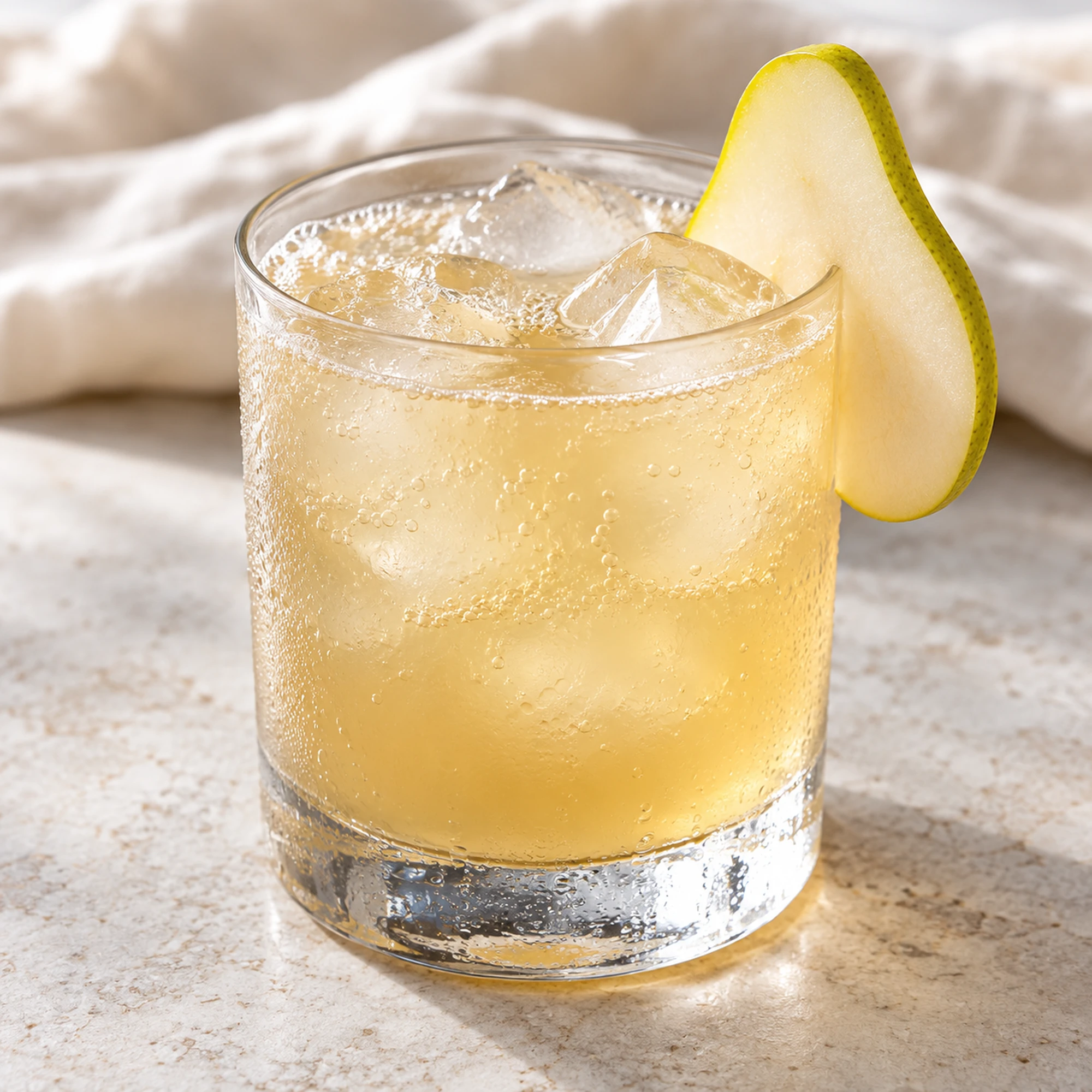Pear ginger mocktail with ice and a thin pear slice on the rim