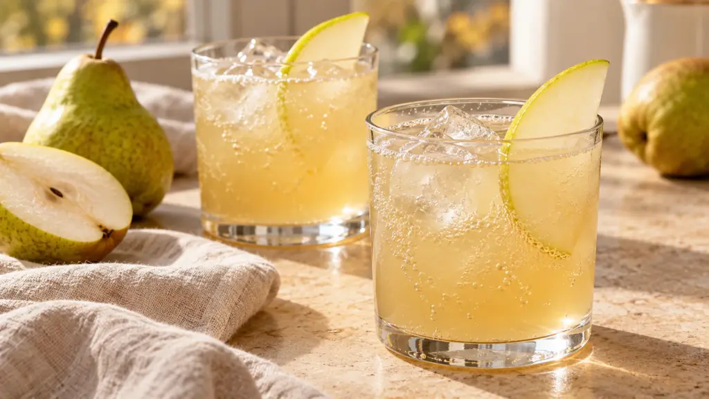 Pear ginger mocktail in two short glasses with pear slices