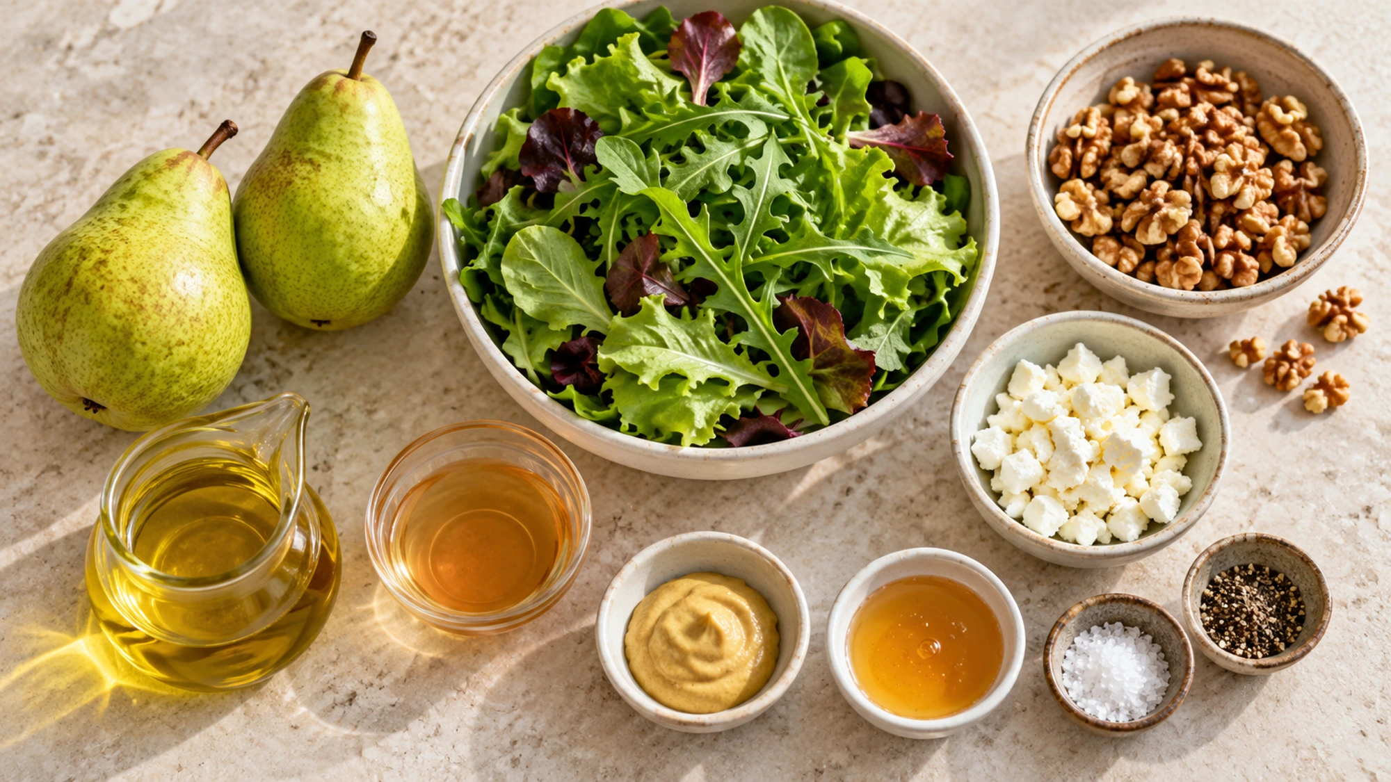 Ingredients for pear walnut salad arranged before assembly