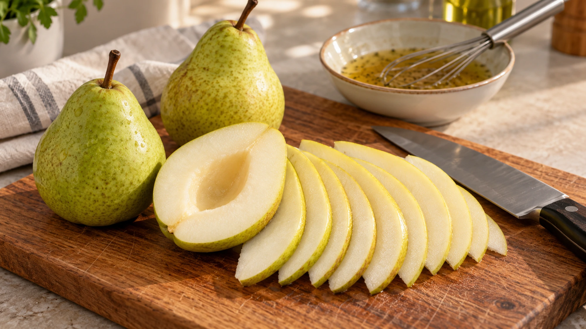 Pears being sliced for pear walnut salad beside prepared ingredients
