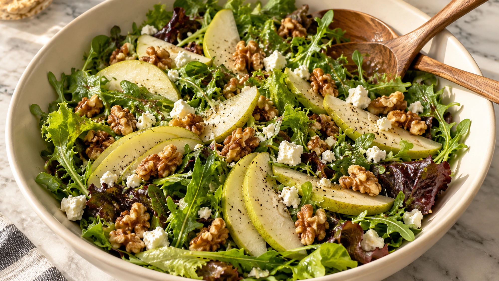 Pear walnut salad being lightly dressed in a wide bowl