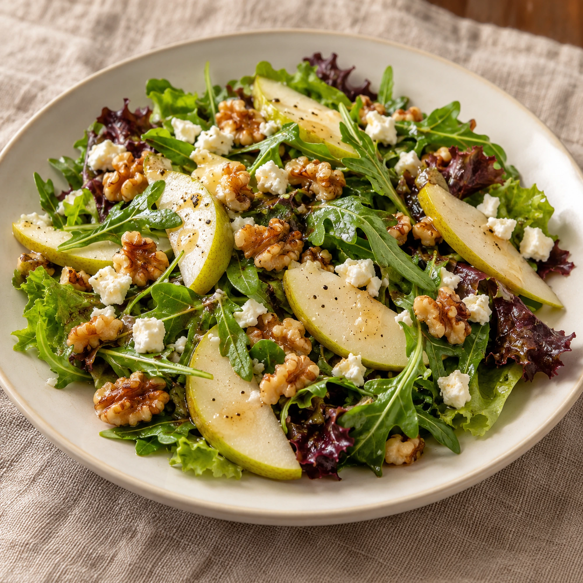 A square-framed serving of pear walnut salad with feta and toasted walnuts