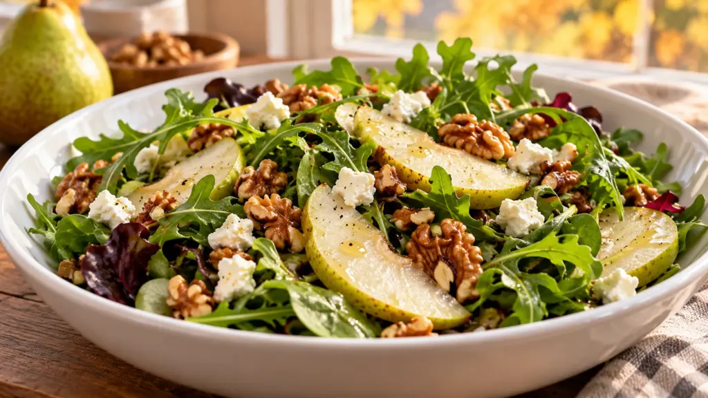 Pear walnut salad with sliced pears, toasted walnuts, greens, and feta
