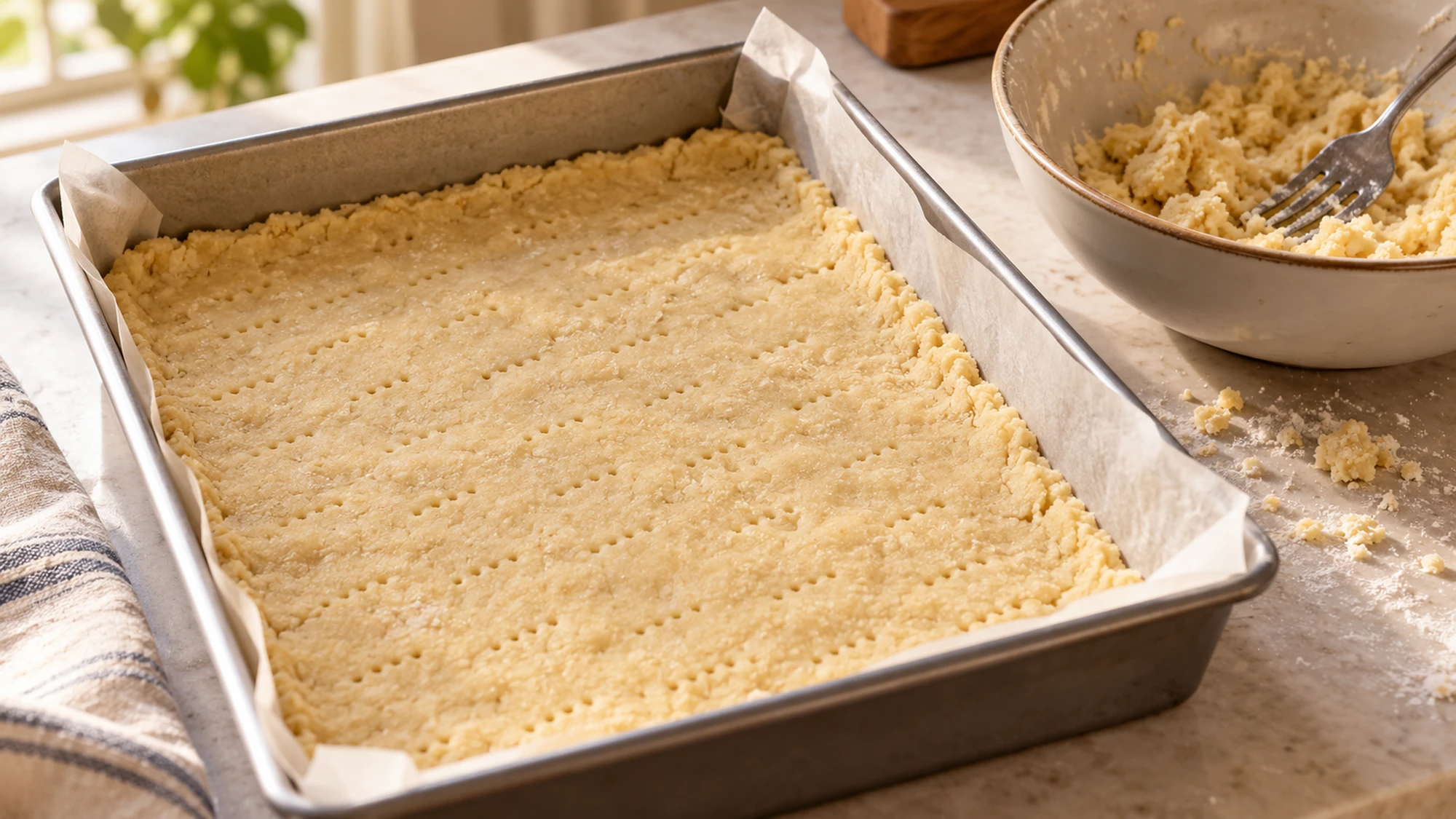 Pressed shortbread crust for pecan pie bars before baking