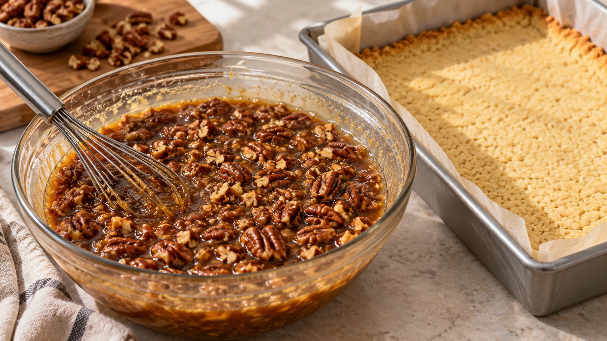 Pecan pie bars filling beside the prebaked crust