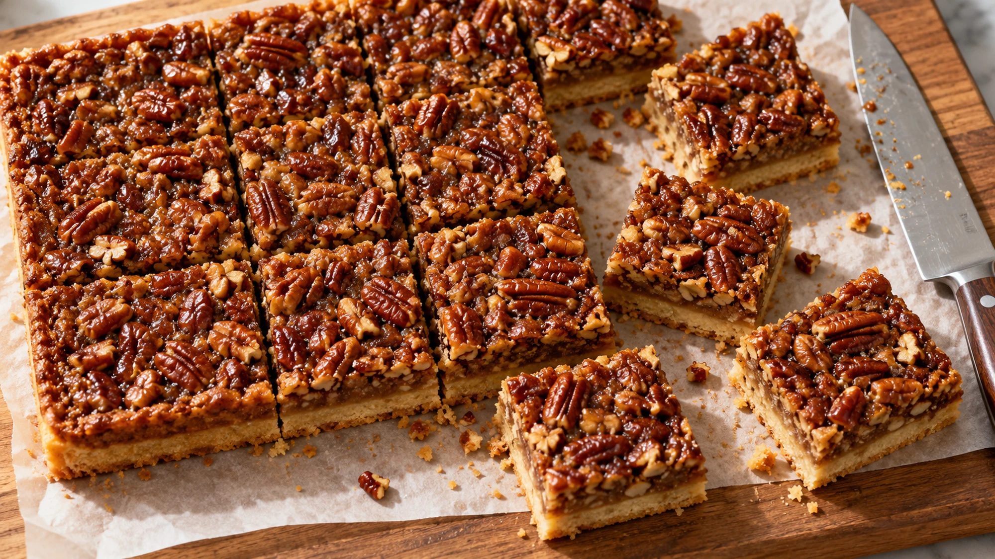Pecan pie bars cut into squares on parchment
