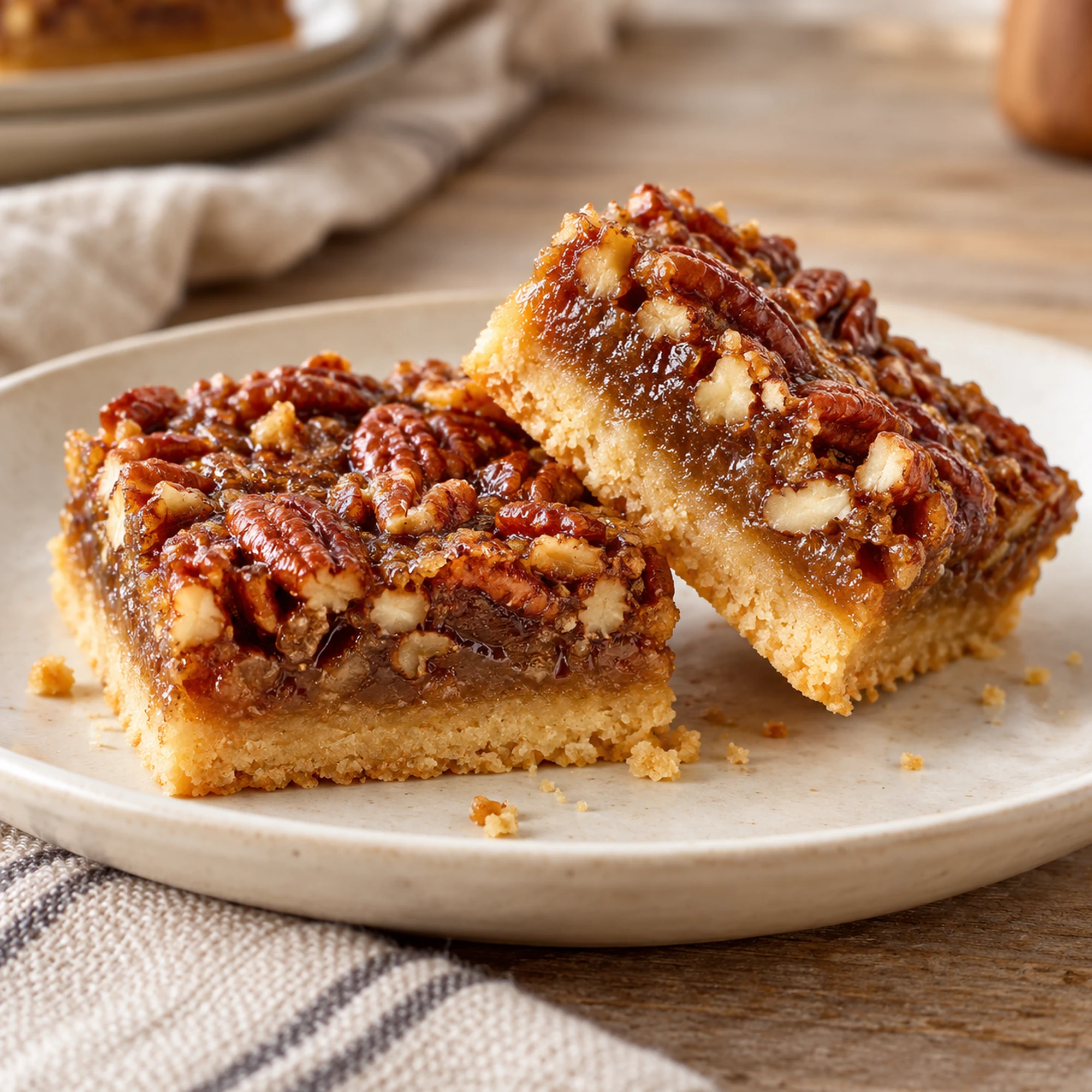 Pecan pie bars showing buttery crust and chewy nut filling