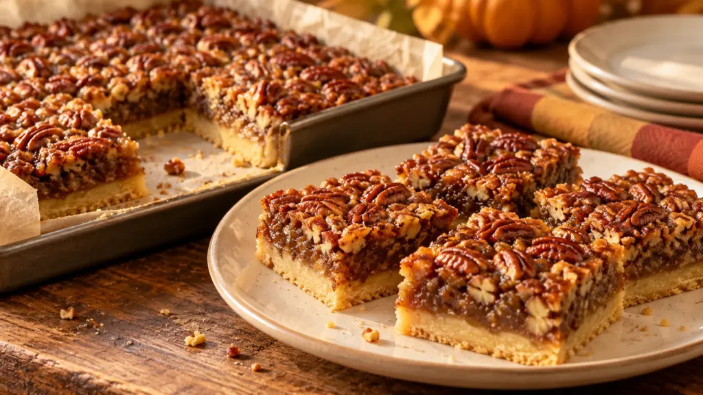 Pecan pie bars with shortbread crust on a plate