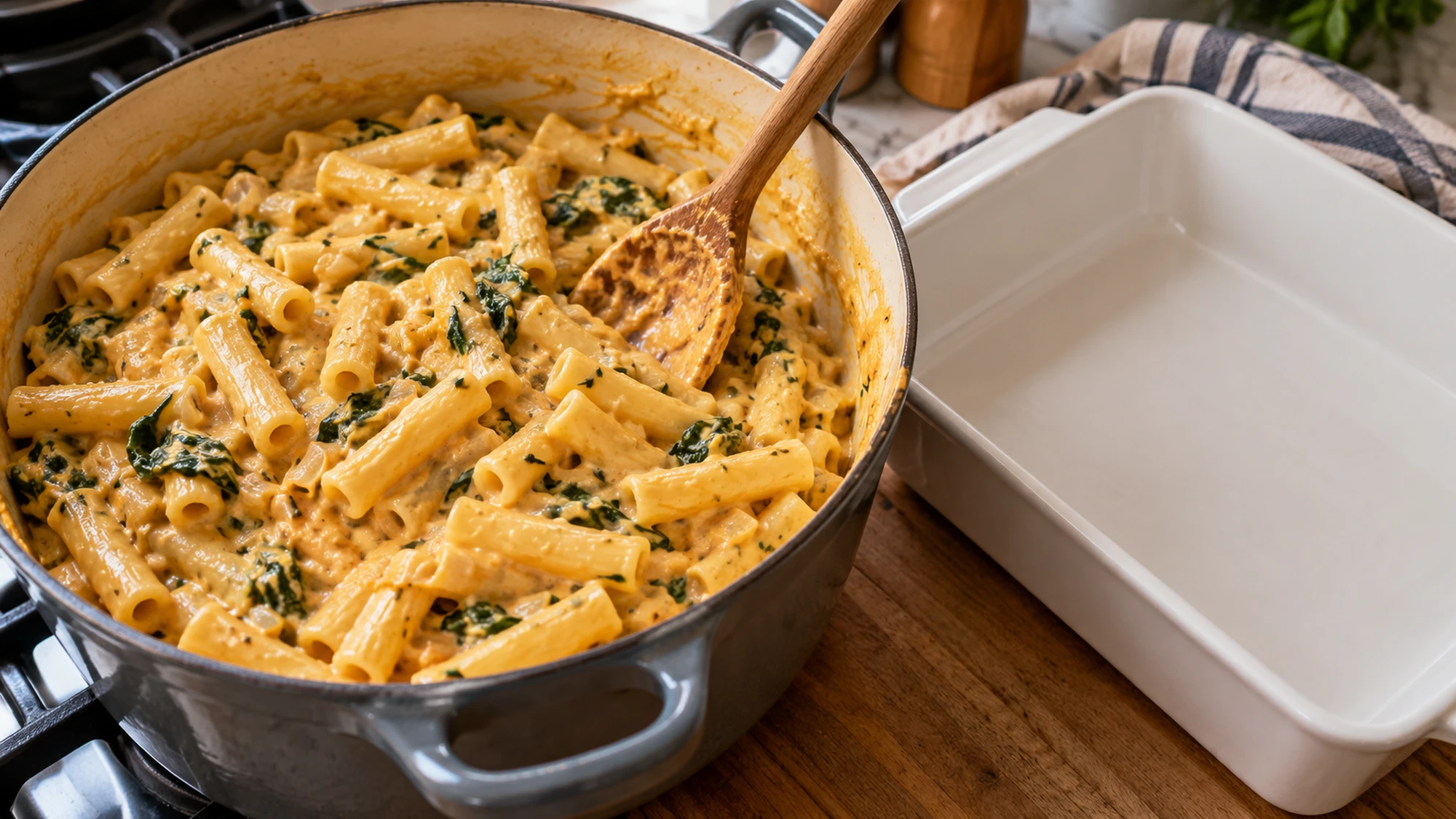 Pumpkin baked ziti pasta coated in sauce before transferring to the baking dish