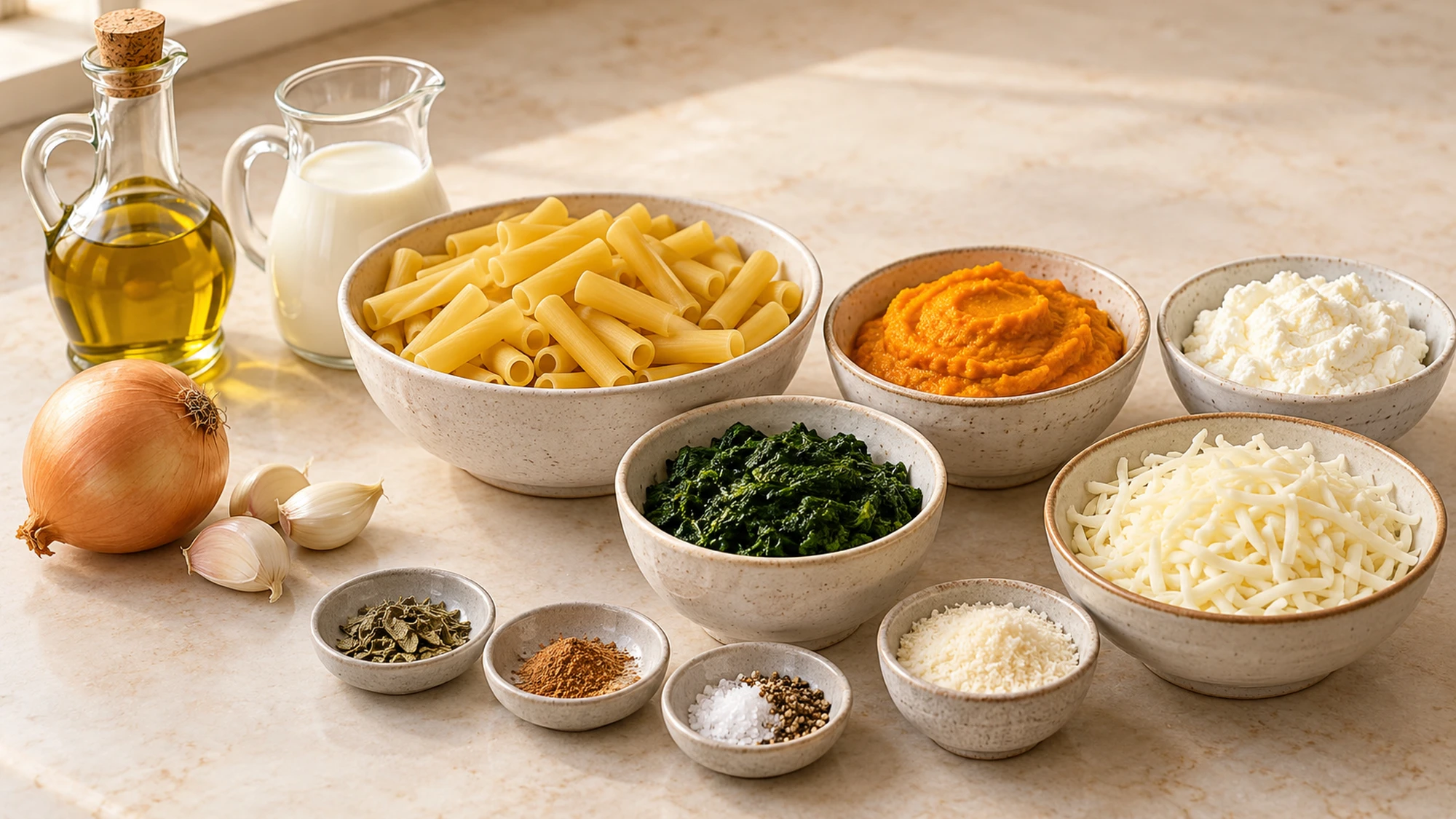 Pumpkin baked ziti ingredients with plain pumpkin, pasta, spinach, and three cheeses
