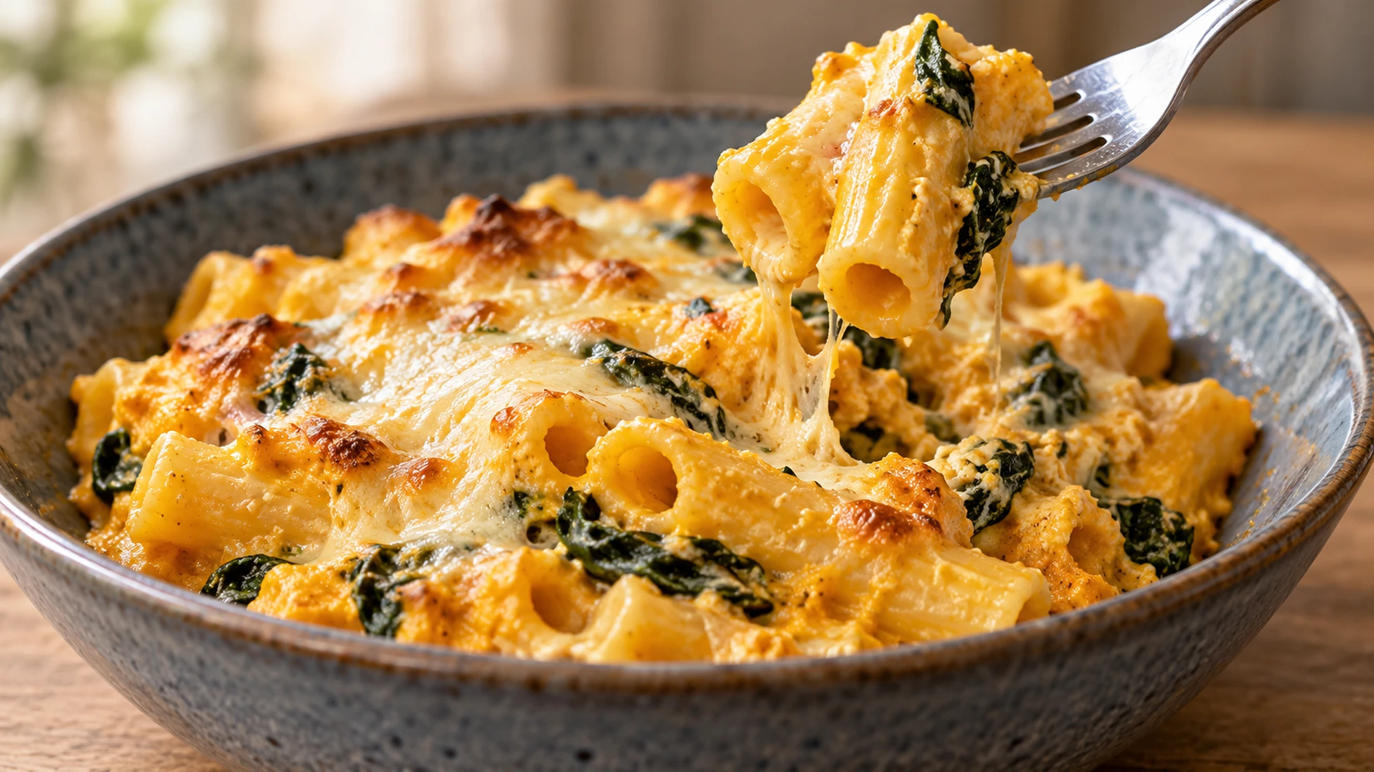 A forkful of pumpkin baked ziti showing creamy sauce and spinach