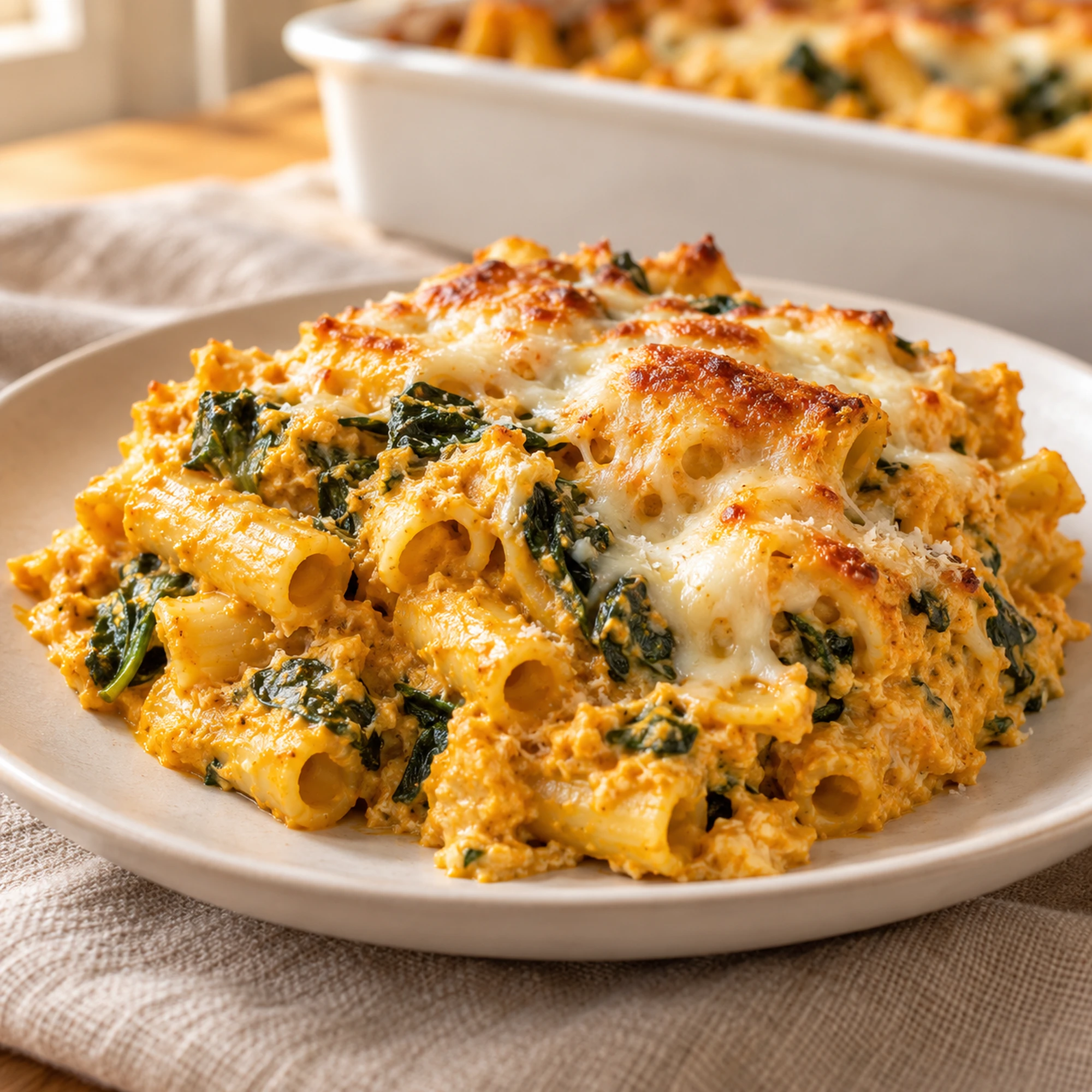 Pumpkin baked ziti served on a plate with browned mozzarella edges