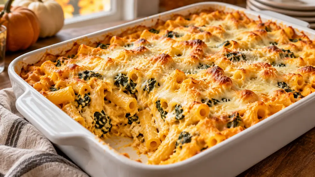 Pumpkin baked ziti with spinach and a golden cheese topping