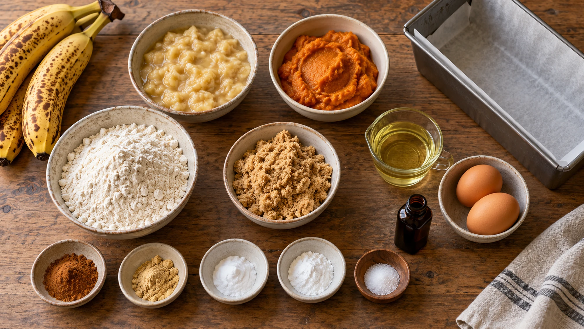 Pumpkin puree, mashed banana, flour, brown sugar, eggs, oil and spices for pumpkin banana bread