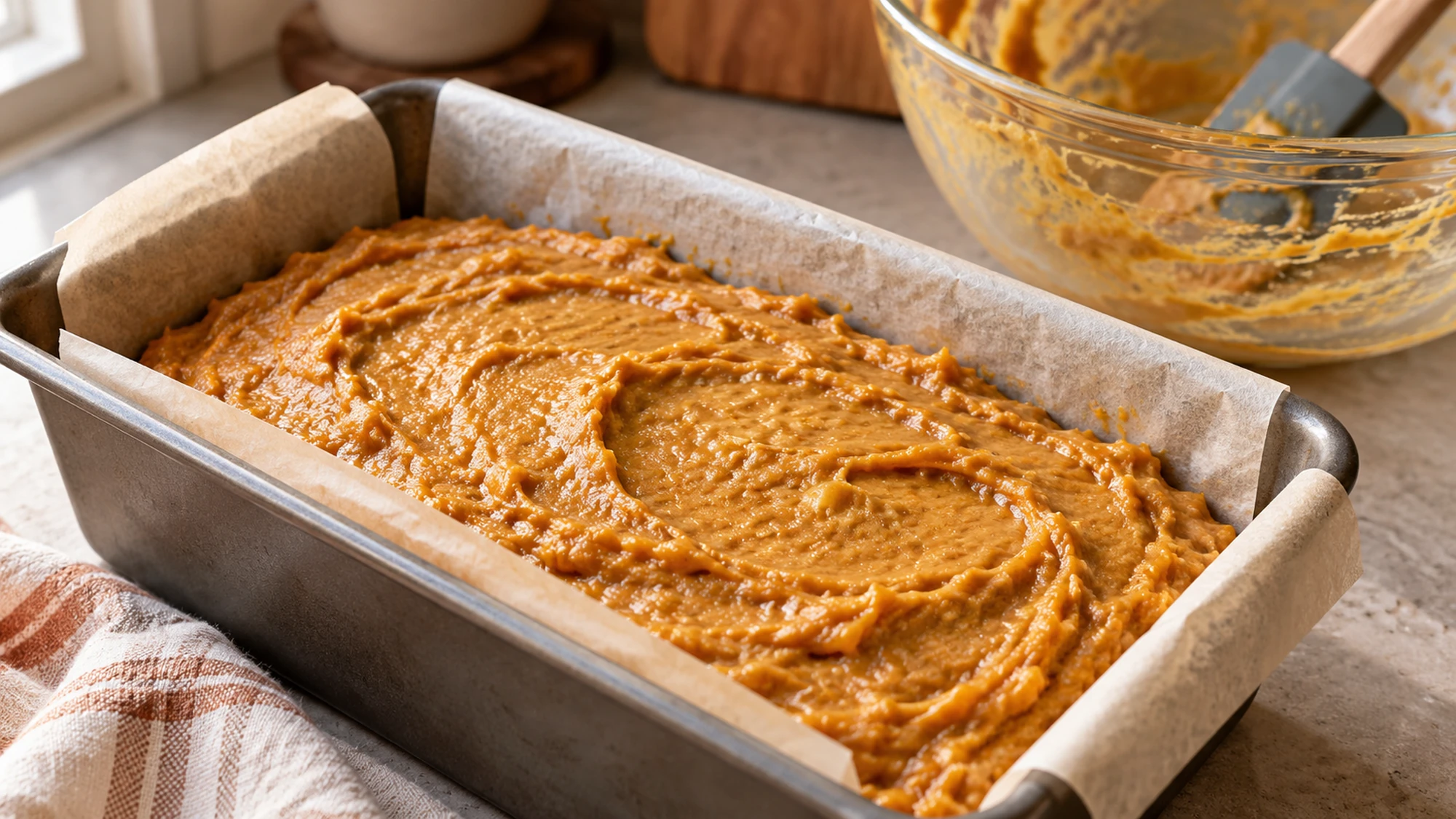 Pumpkin banana bread batter in a parchment-lined metal loaf pan