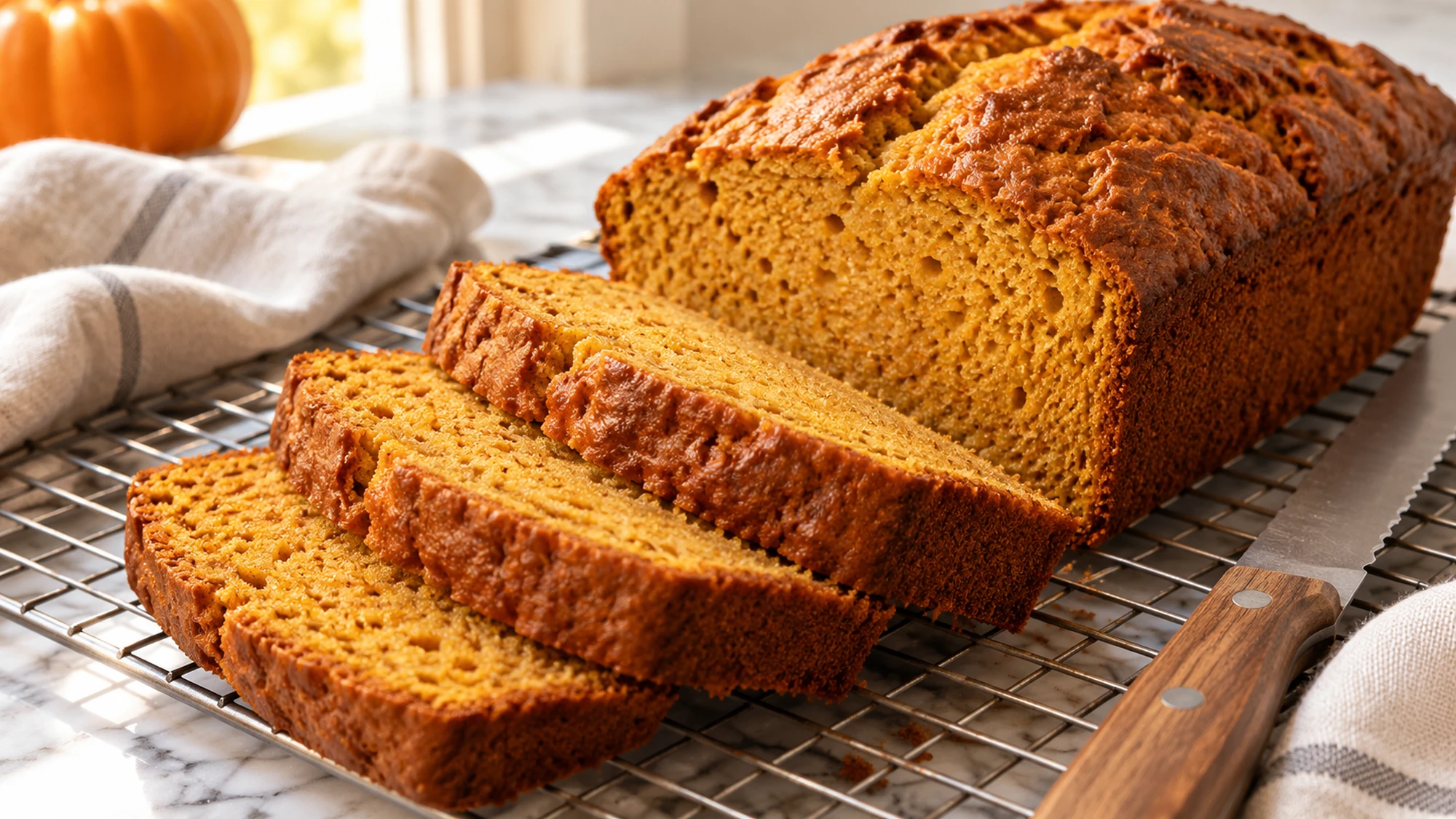 Sliced pumpkin banana bread cooling on a wire rack beside a bread knife