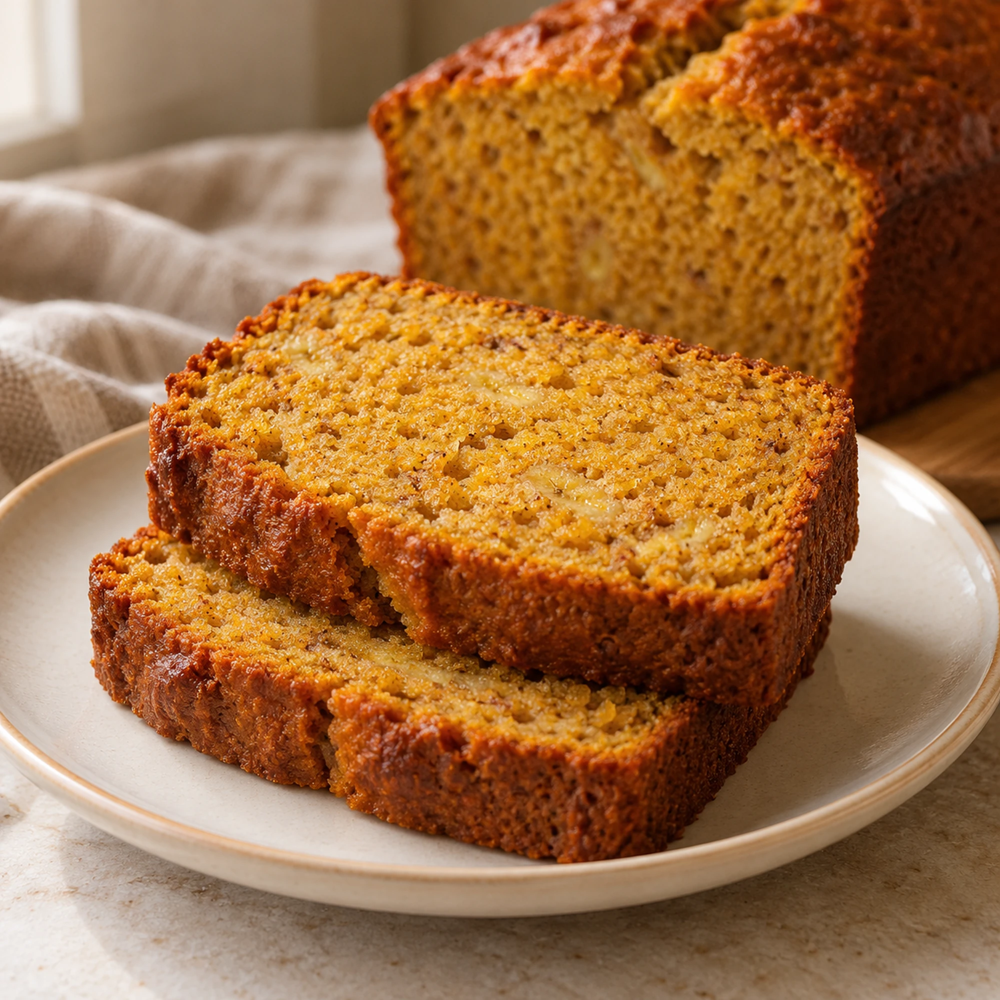 Two slices of pumpkin banana bread on a cream plate
