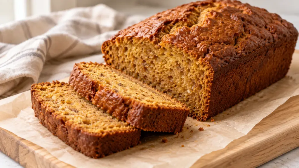 Pumpkin banana bread loaf with two slices showing the golden orange crumb