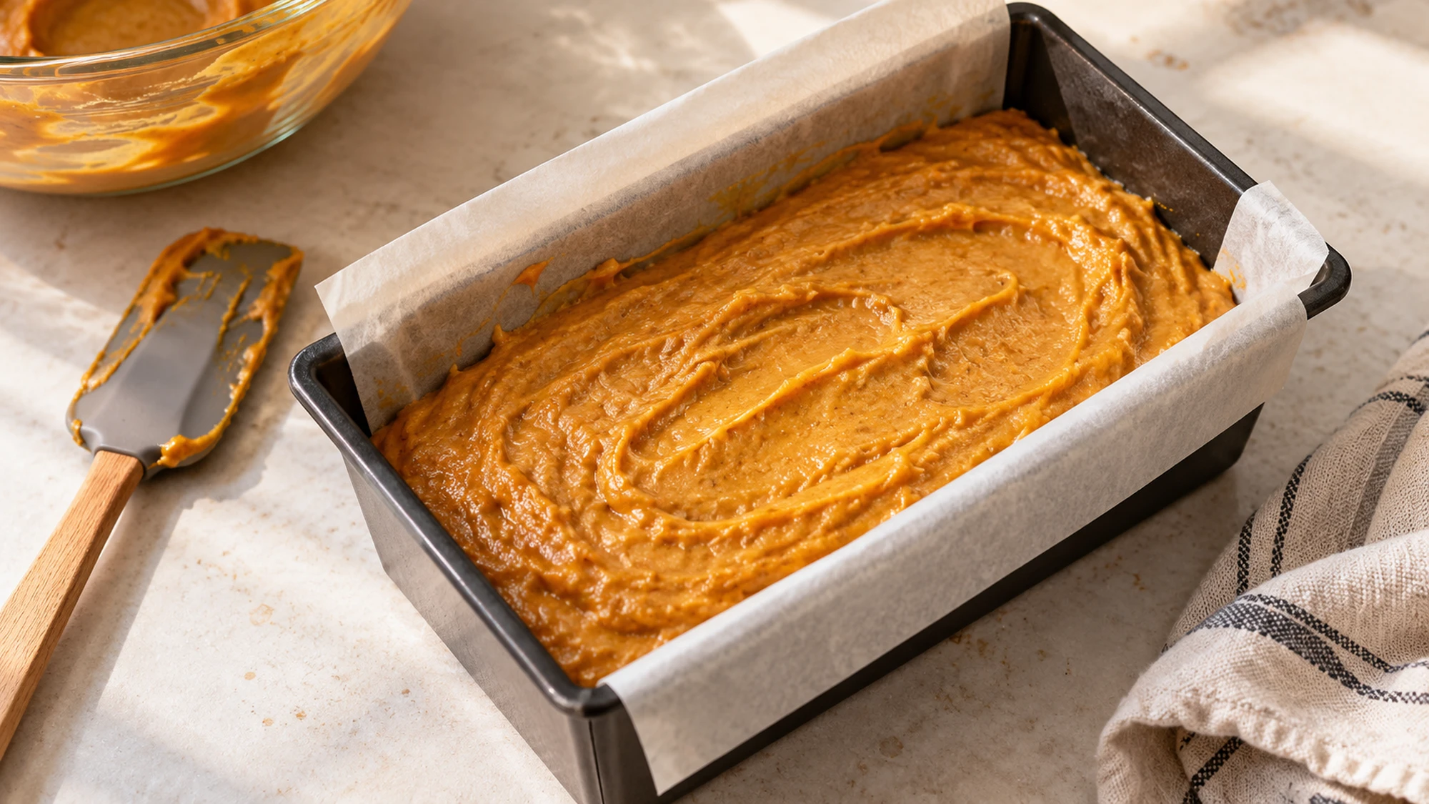 Pumpkin bread batter in a parchment-lined loaf pan