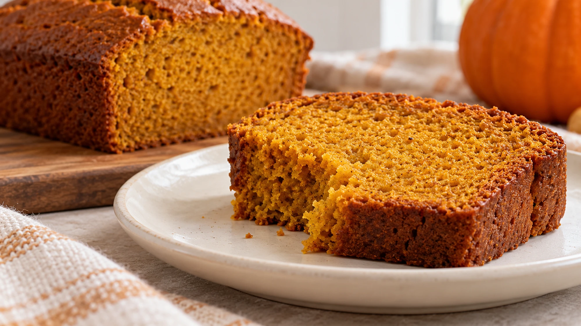 A pumpkin bread slice with a bite broken from its tender crumb