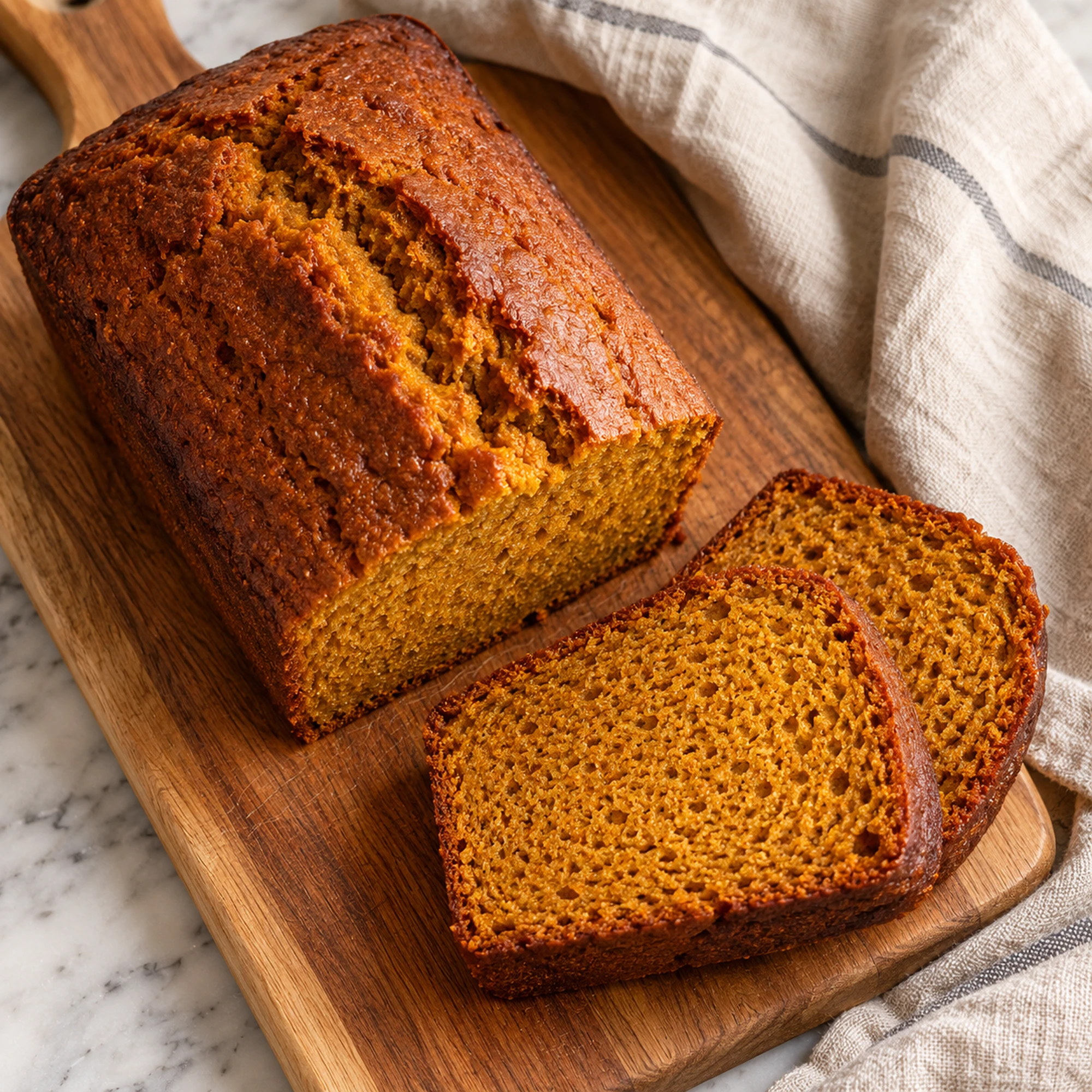 Sliced pumpkin bread on a wooden board