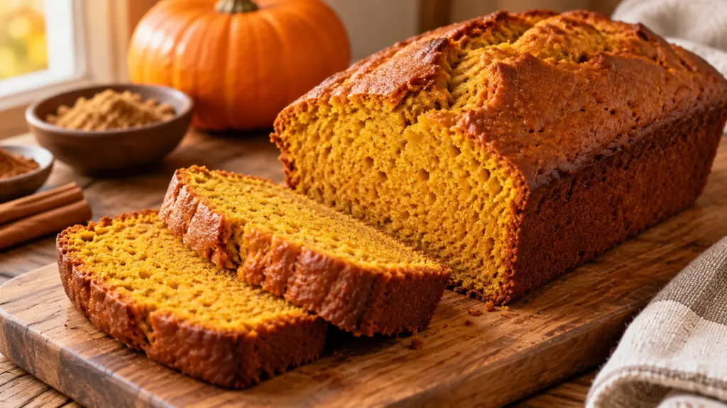 Pumpkin bread loaf with two slices showing the orange crumb