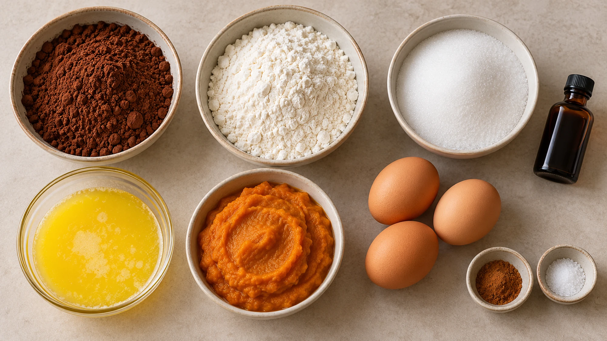 Cocoa, flour, sugar, pumpkin puree, butter and eggs for pumpkin brownies