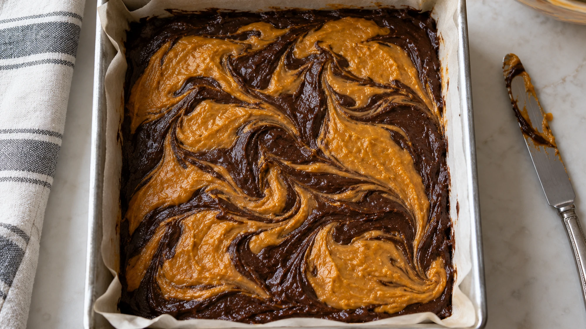 Pumpkin brownies batter with orange pumpkin swirls in a parchment-lined square pan