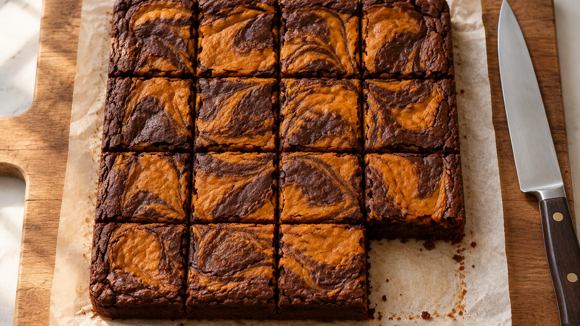 Pumpkin brownies cut in a four-by-four grid with one corner piece removed