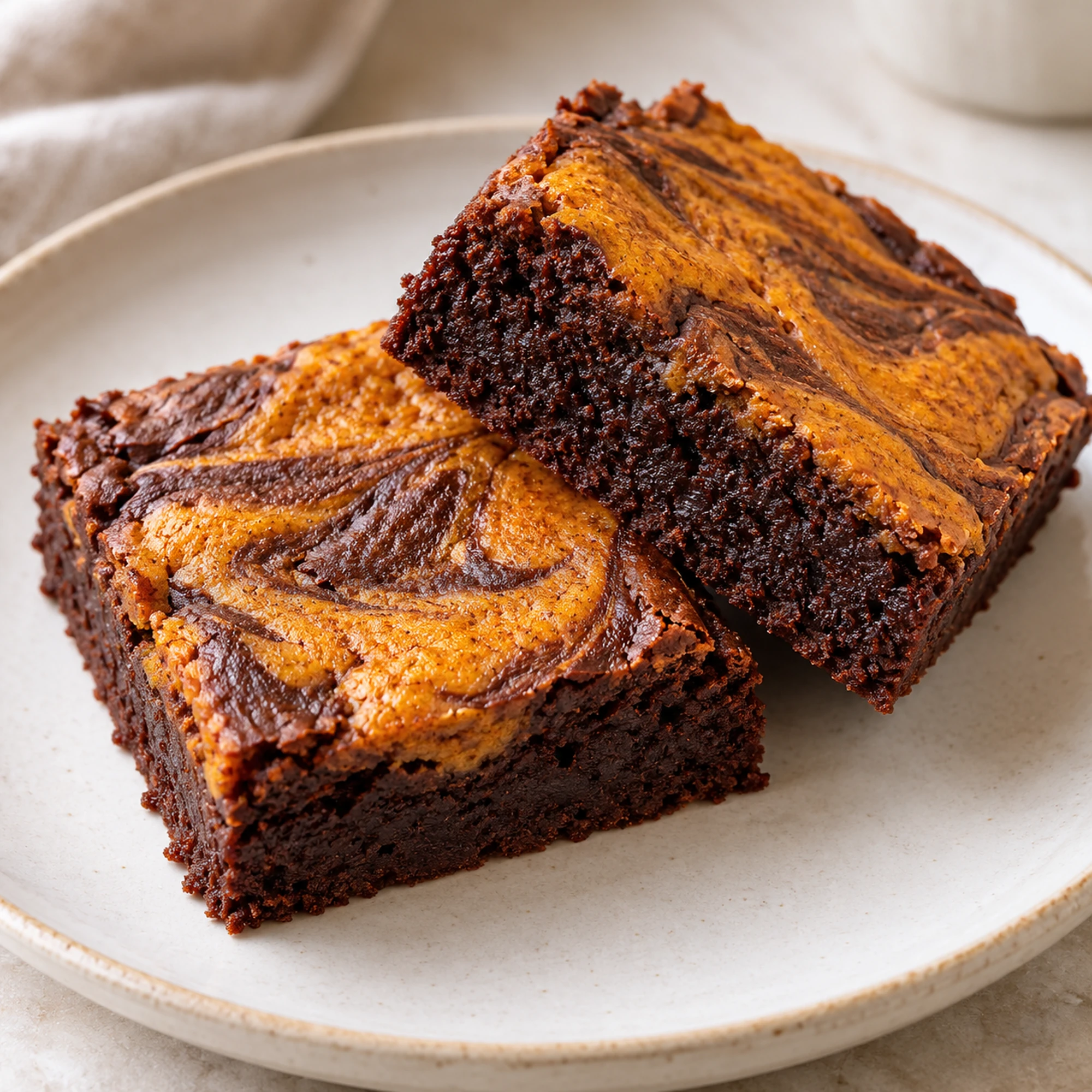 Two pumpkin brownies showing dark cocoa crumb and orange pumpkin swirls
