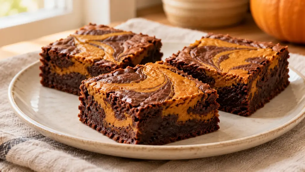 Pumpkin brownies with orange cinnamon swirls on a cream plate