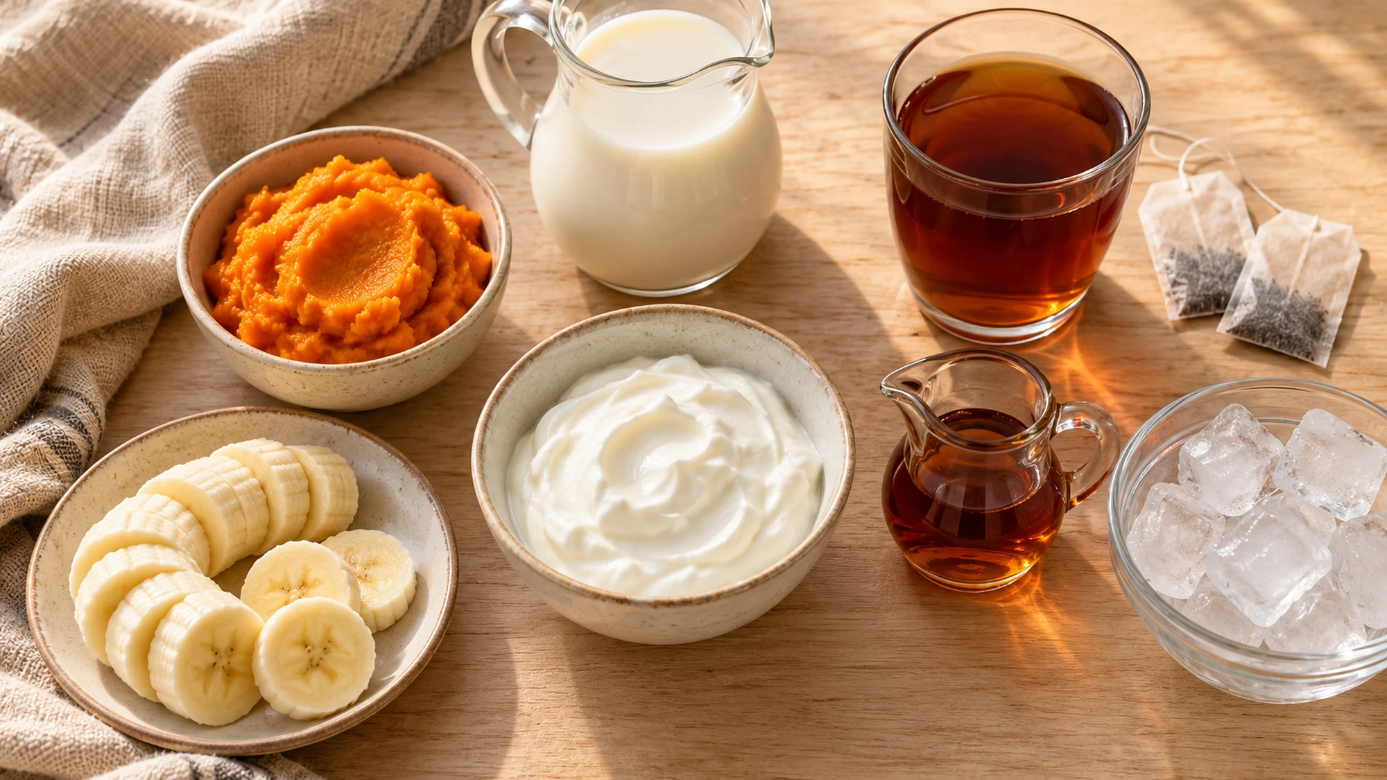 Ingredients for pumpkin chai smoothie including cooled tea and yogurt