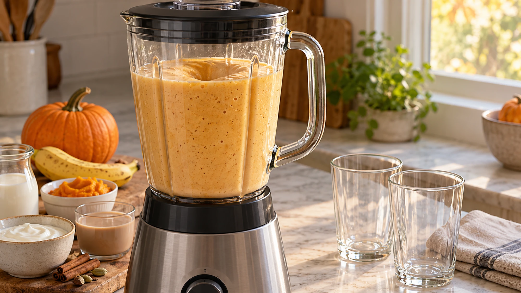 Pumpkin chai smoothie blended in a securely closed blender