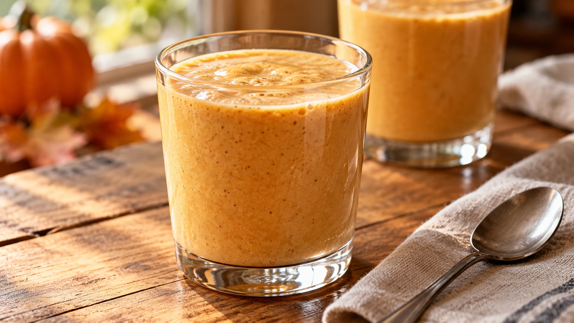 Close view of pumpkin chai smoothie with a lightly frothy surface