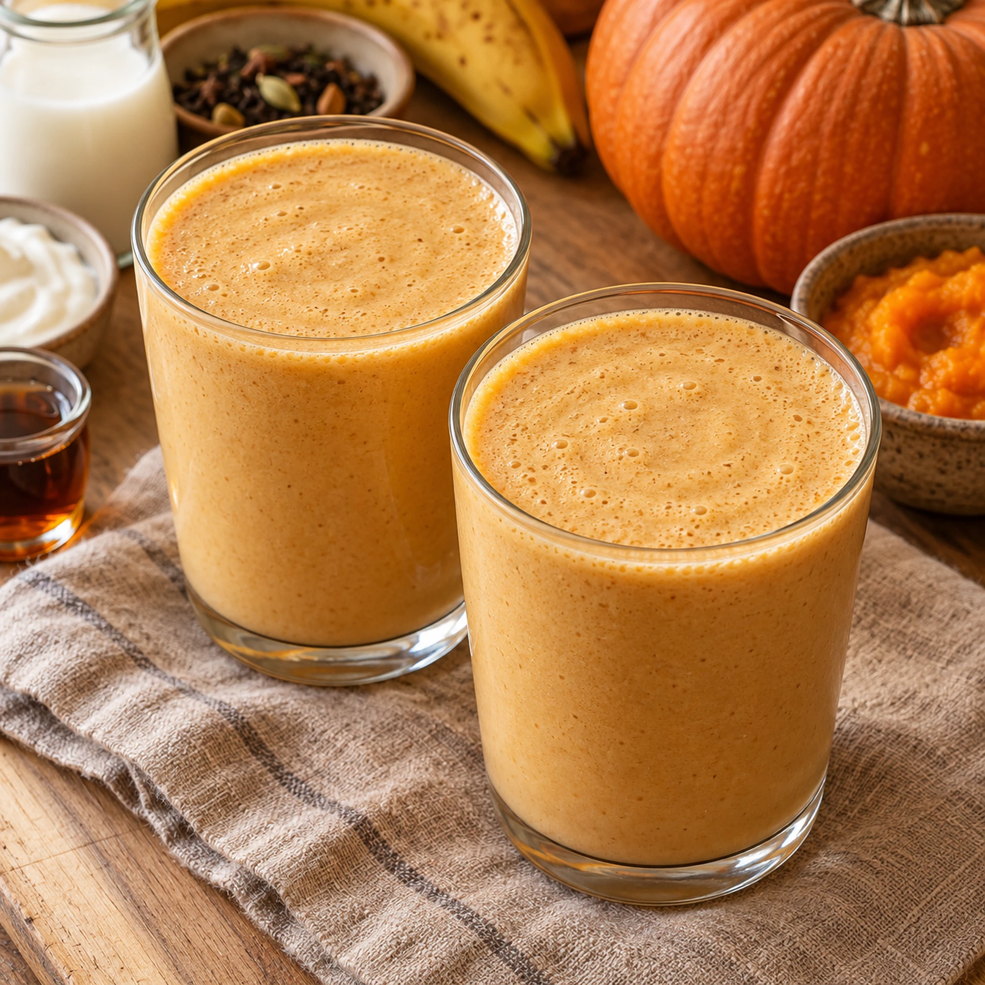 Pumpkin chai smoothie served in two clear glasses