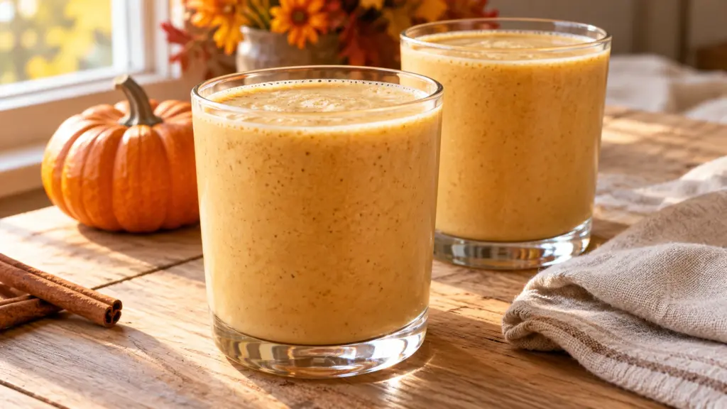 Two glasses of creamy pumpkin chai smoothie in warm autumn light