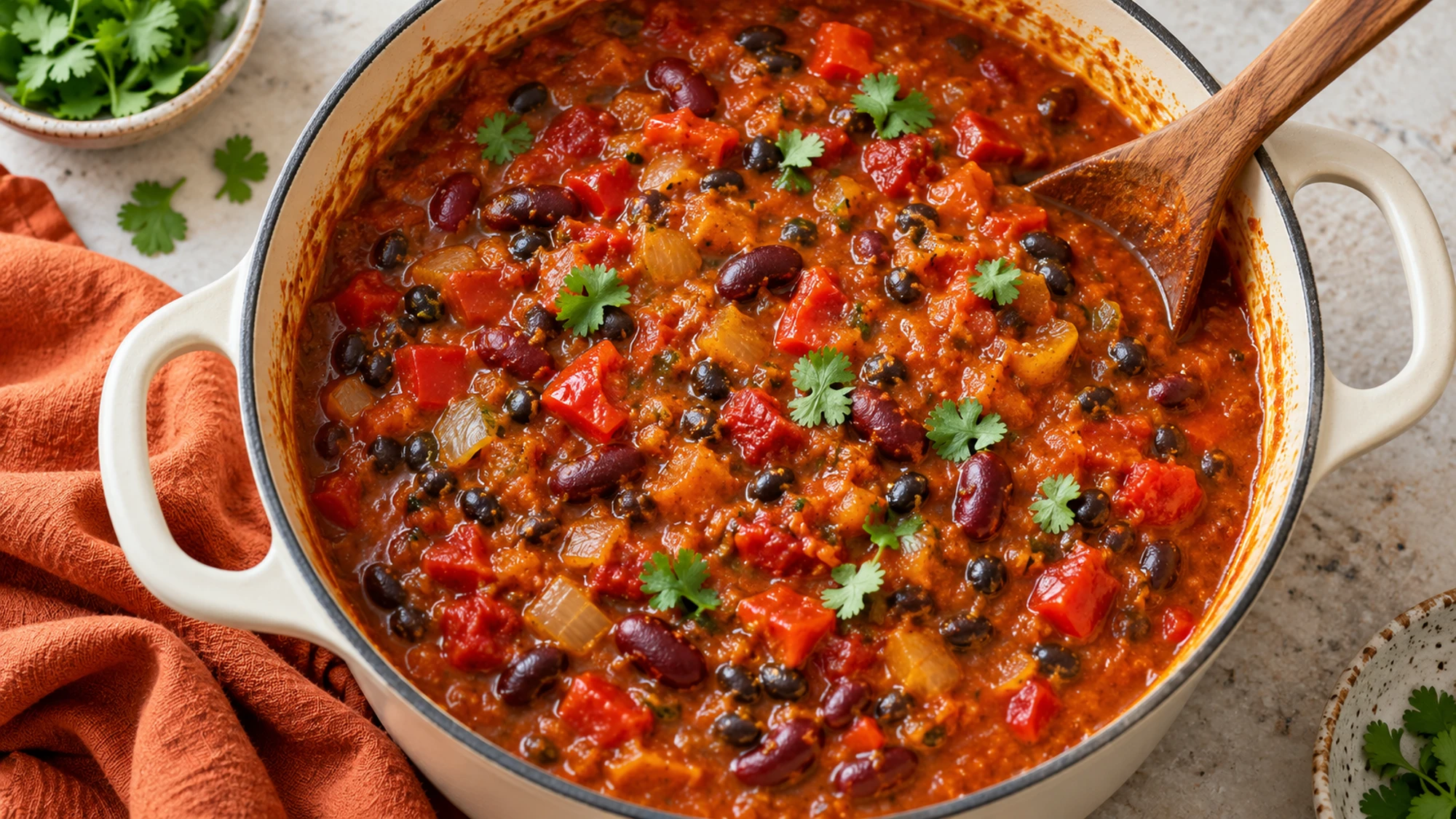 A Dutch oven of vegetarian pumpkin chili with black beans and kidney beans