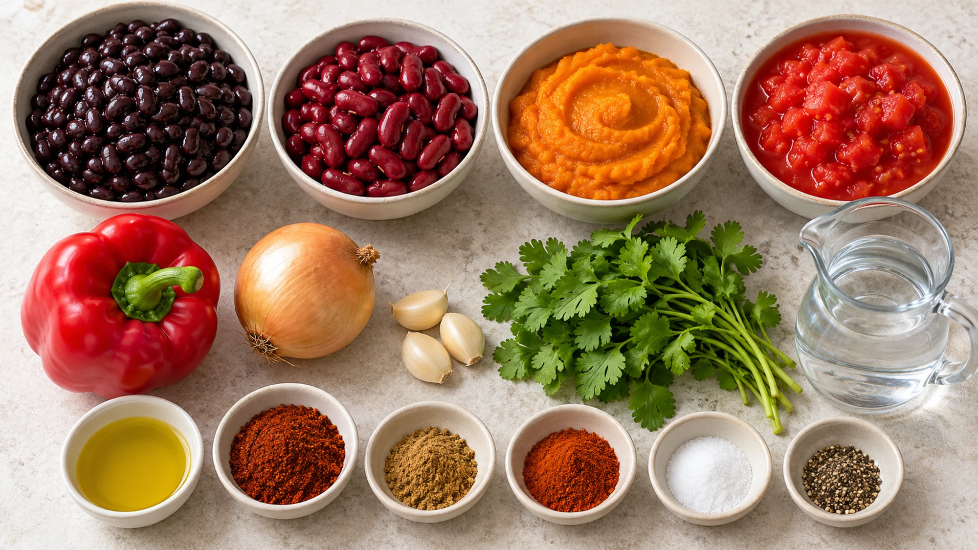 Pumpkin chili ingredients including two kinds of beans, pumpkin puree, tomatoes, and vegetables