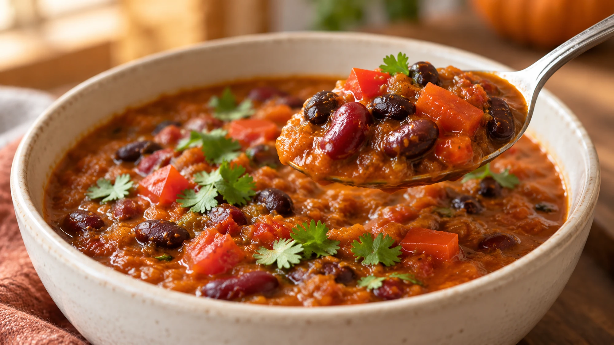 A spoonful of thick pumpkin chili with black beans, kidney beans, and tomato