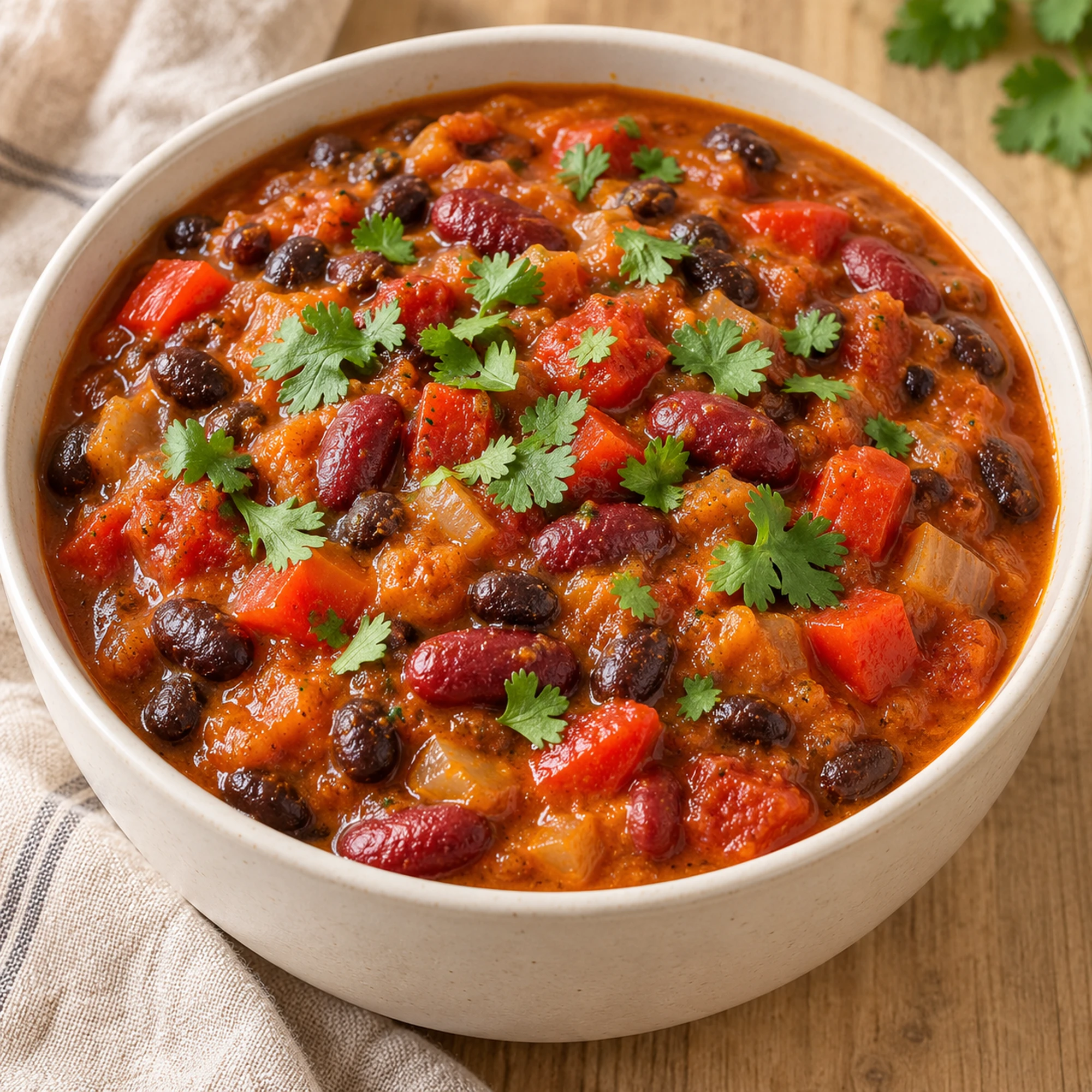 Square close view of vegetarian pumpkin chili topped with fresh cilantro