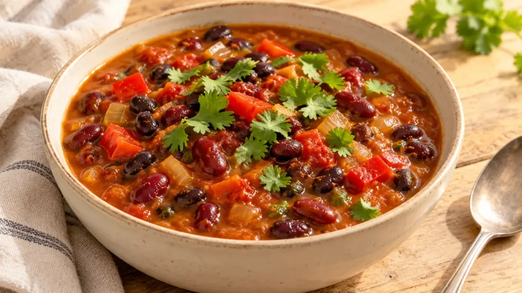 Pumpkin chili with black beans, kidney beans, red pepper, and cilantro in a cream bowl