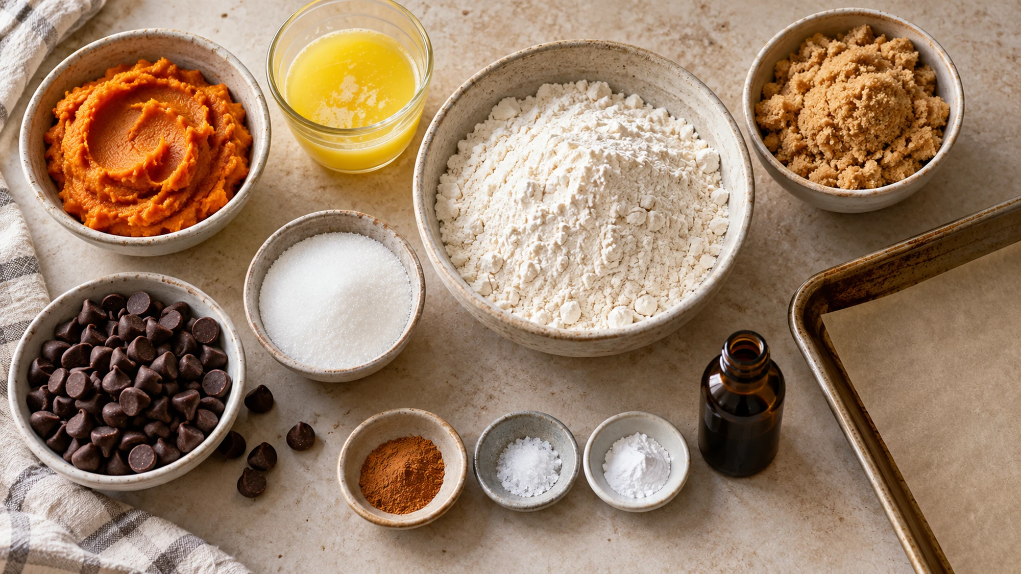 Ingredients for pumpkin chocolate chip cookies, including pumpkin puree, melted butter, flour, sugars, chocolate chips and cinnamon