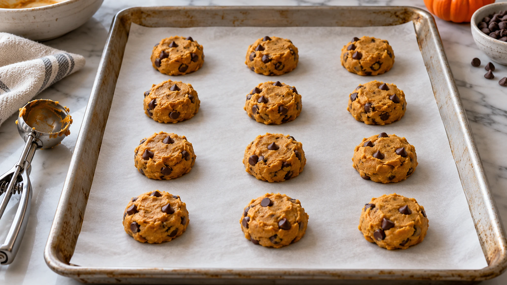 Twelve spaced dough portions for pumpkin chocolate chip cookies on a parchment-lined baking sheet