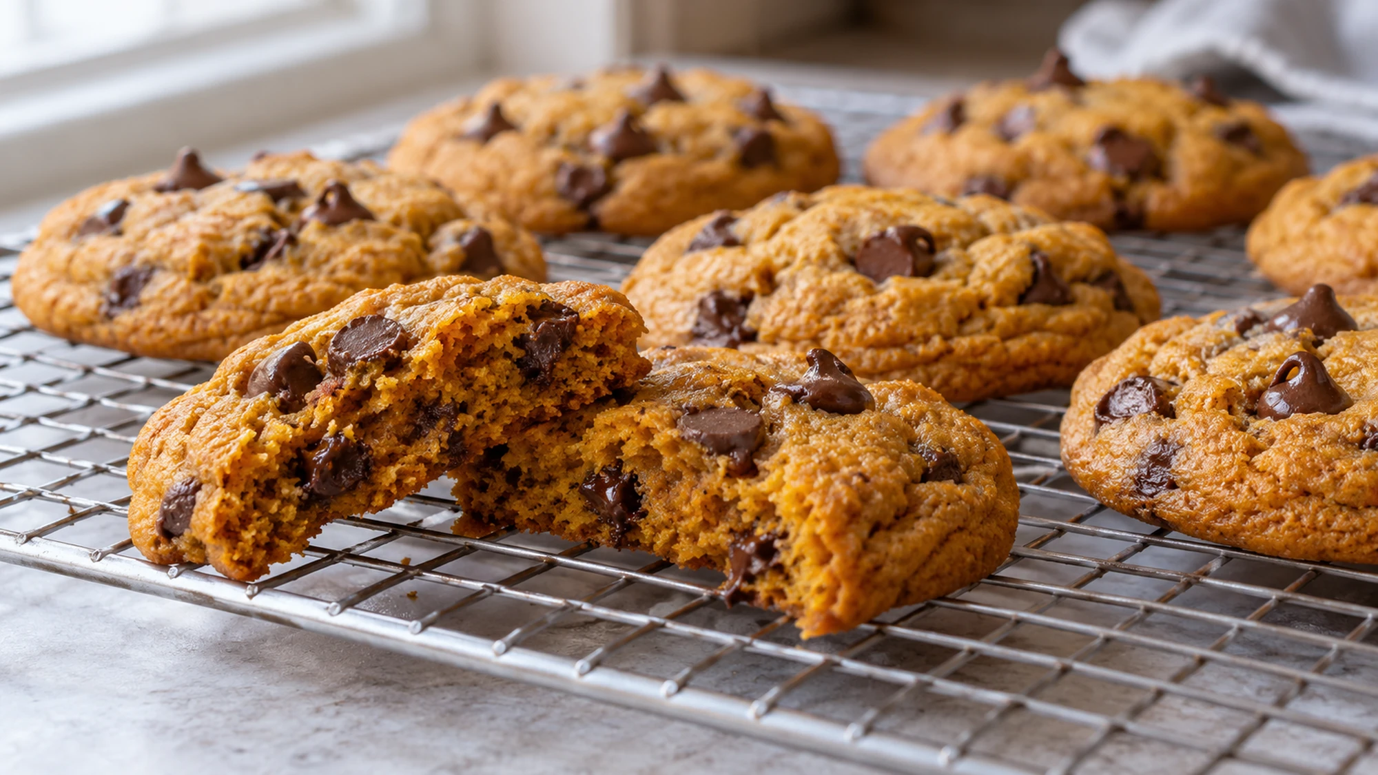 Pumpkin chocolate chip cookies cooling on a wire rack with one cookie broken open