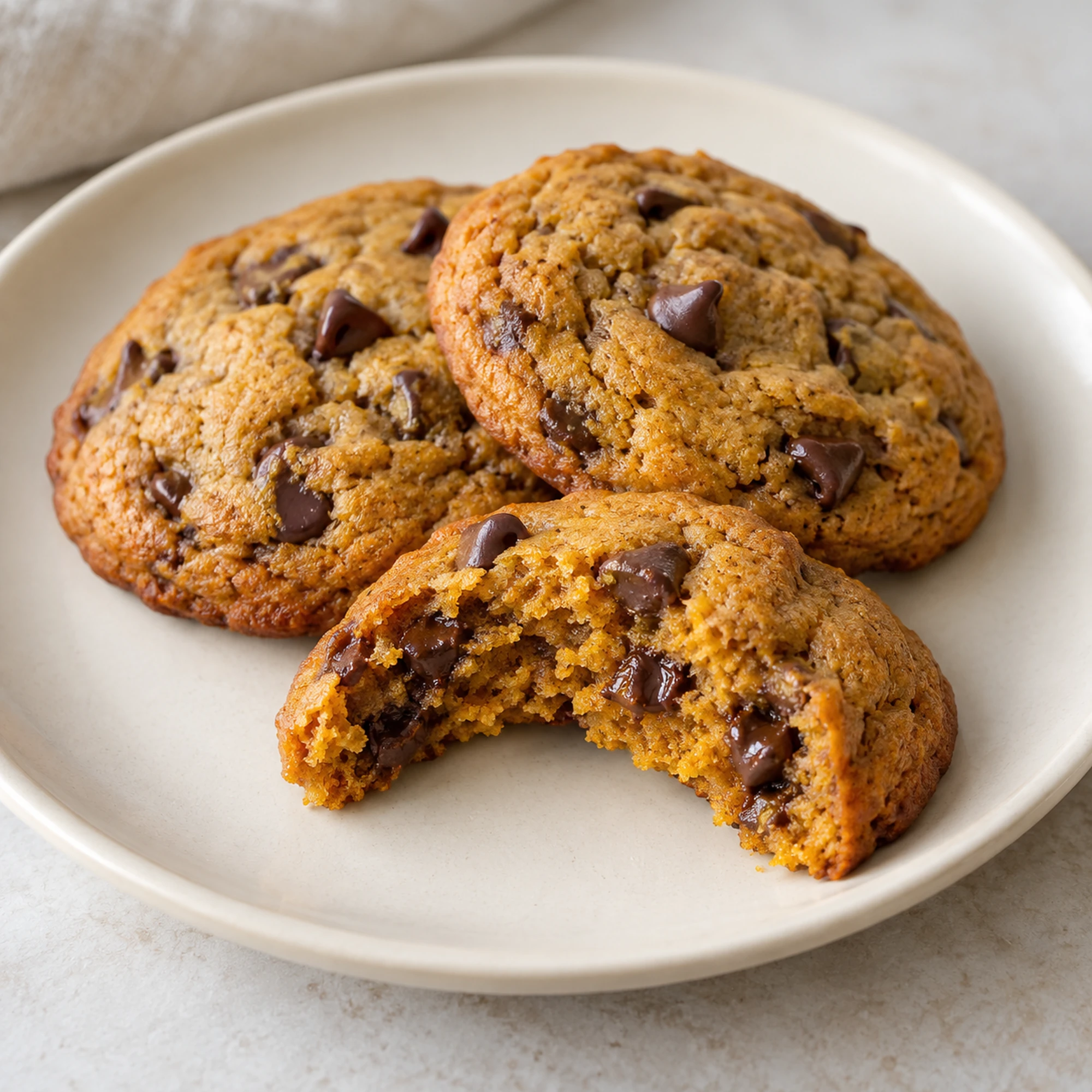 Pumpkin chocolate chip cookies on a cream plate with a broken cookie in front