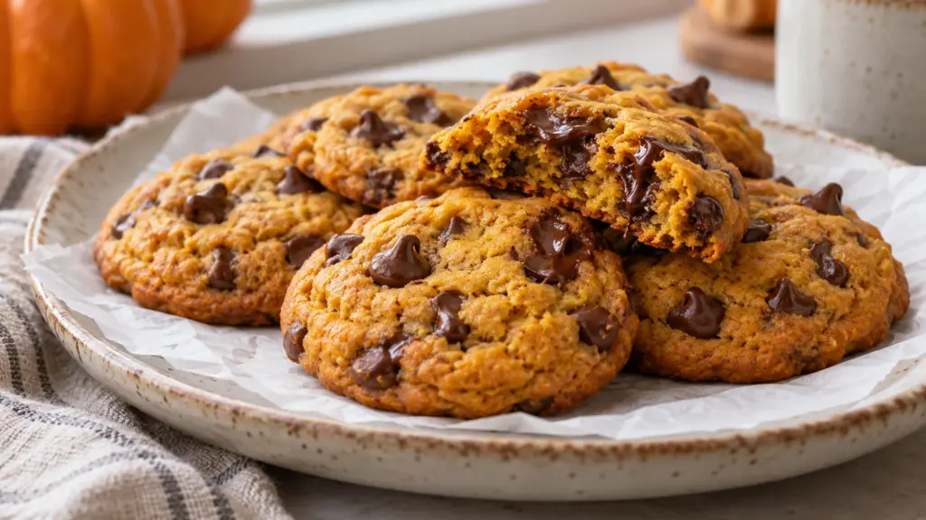 Pumpkin chocolate chip cookies with a broken cookie showing the soft center